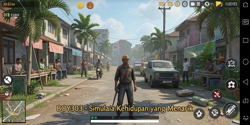 Screenshot gameplay BOY303 yang menampilkan kehidupan virtual yang dinamis.