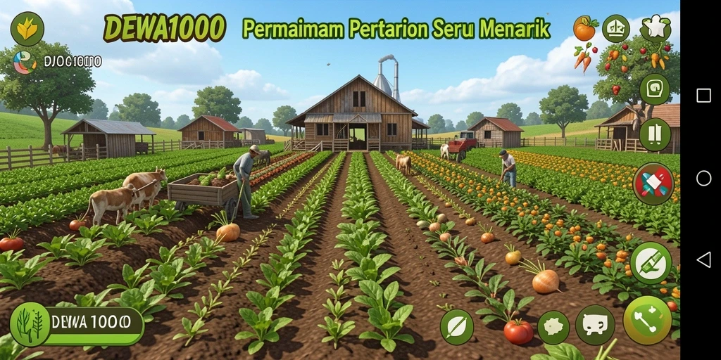 Tampilan gameplay DEWA1000 dengan lahan pertanian yang subur dan hewan ternak.
