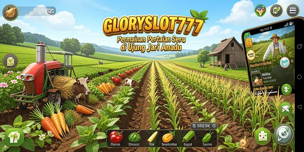 Tampilan gameplay GLORYSLOT777 menampilkan aktivitas pertanian yang seru.