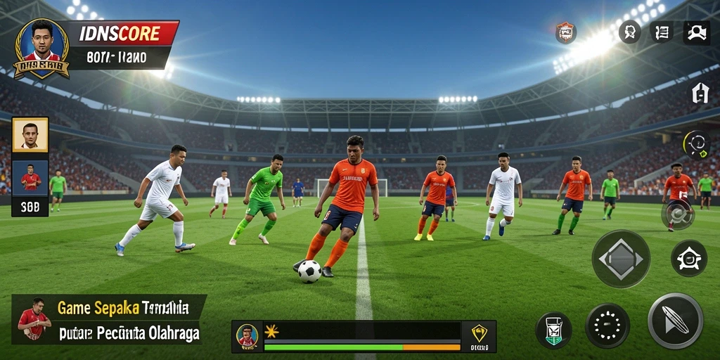 Screenshot gameplay IDNSCORE dengan aksi seru sepak bola.