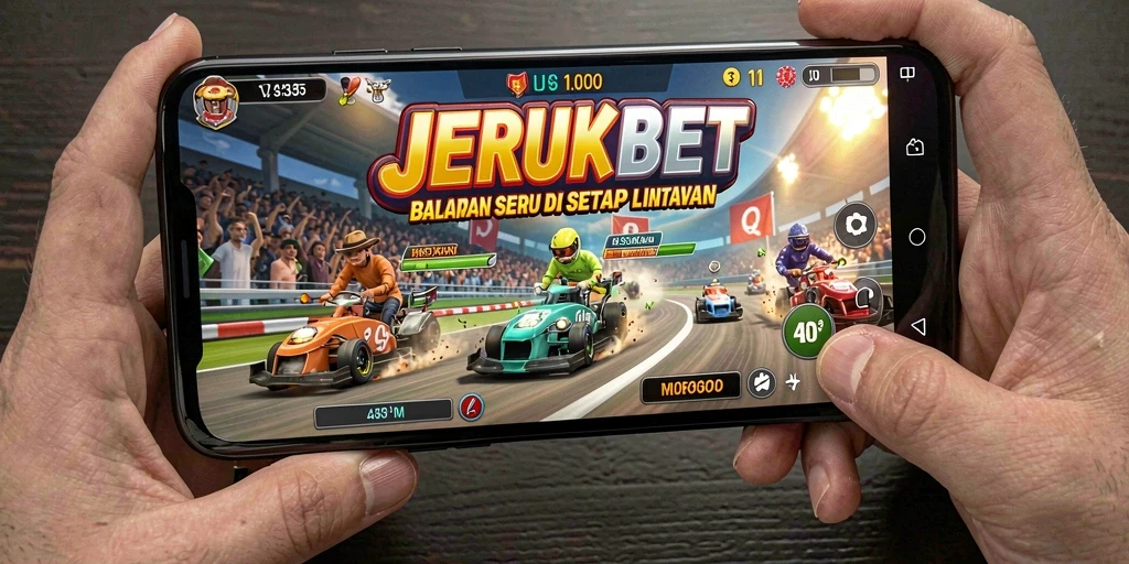 Tampilan gameplay balapan JERUKBET yang seru dan memukau.