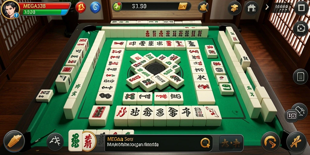 Screenshot utama MEGA338 menampilkan gameplay Mahjong yang menarik.