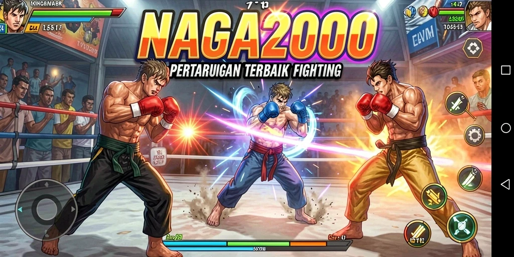 Screenshot NAGA2000 menampilkan pertarungan intens dengan karakter-karakter unik.