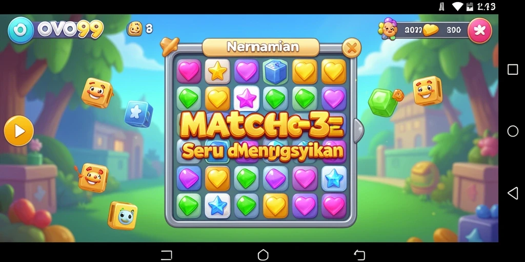 Screenshot menunjukkan gameplay seru dari OVO99 dengan pencocokan item.