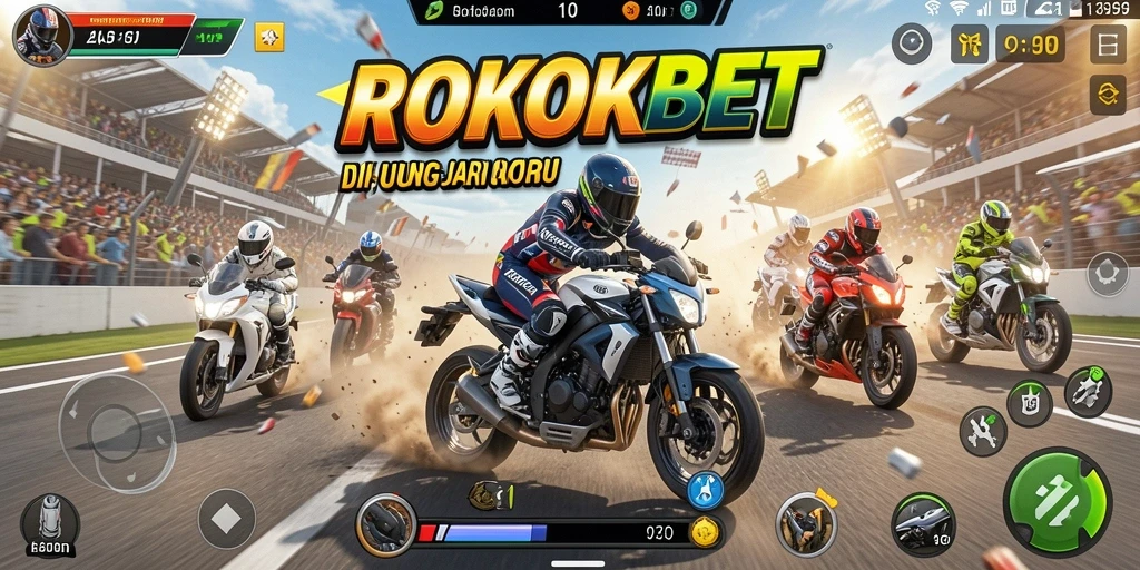Tampilan gameplay <strong>ROKOKBET</strong> yang mendebarkan saat balapan motor.