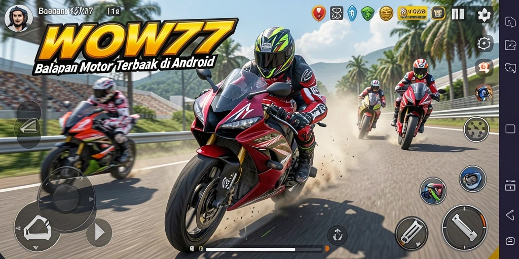 Tampilan gameplay menegangkan balapan motor WOW77 yang seru.